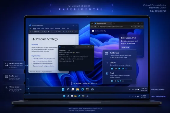 Windows 11 Insider preview mockup shows multiple panels on a laptop screen with build 26300.8758.