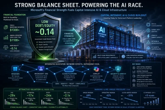 Futuristic AI data-center infographic titled “Strong Balance Sheet, Powering the AI Race,” featuring Microsoft finance metrics. Futuristic AI data-center infographic titled “Strong Balance Sheet, Powering the AI Race,” featuring Microsoft finance metrics.