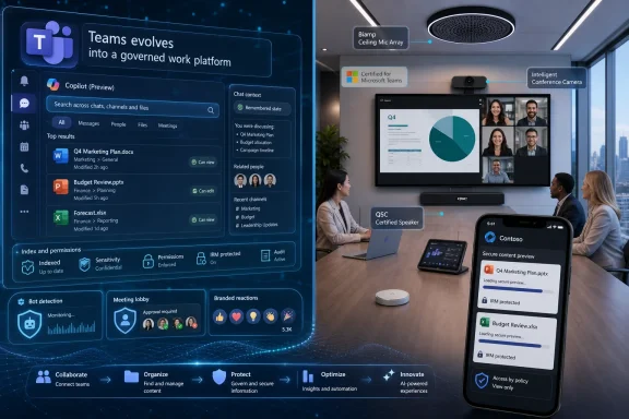 Office meeting with Teams UI overlays showing govern, secure content preview on a phone and screen. Office meeting with Teams UI overlays showing govern, secure content preview on a phone and screen.