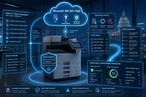 Futuristic Microsoft 365 GCC High zero-trust cloud security dashboard with encrypted device authentication. Futuristic Microsoft 365 GCC High zero-trust cloud security dashboard with encrypted device authentication.