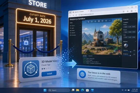 Futuristic city store front with a glowing “Cutoff Date” July 1, 2026 and a Babylon.js 3D model editor UI. Futuristic city store front with a glowing “Cutoff Date” July 1, 2026 and a Babylon.js 3D model editor UI.