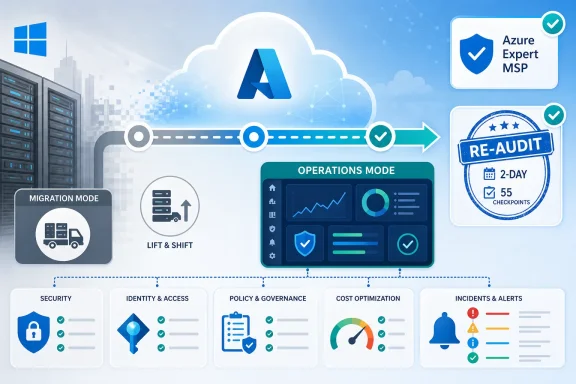Cloud migration and re-audit workflow graphic with Azure Expert MSP badges and operations mode dashboard. Cloud migration and re-audit workflow graphic with Azure Expert MSP badges and operations mode dashboard.