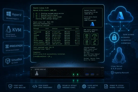 Azure Linux 4.0 installation screen on a server with Hyper-V/KVM/Proxmox icons and secure cloud network UI.