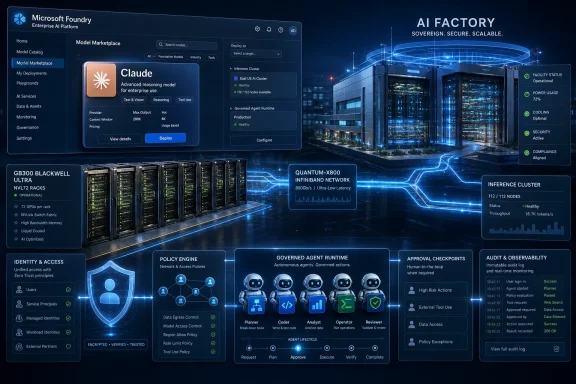 Microsoft Foundry dashboard showing AI factory deployment with secure inference clusters and server racks. Microsoft Foundry dashboard showing AI factory deployment with secure inference clusters and server racks.