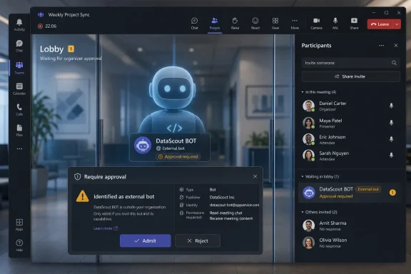 Video meeting lobby shows an external “DataScout BOT” awaiting approval in a participants management window. Video meeting lobby shows an external “DataScout BOT” awaiting approval in a participants management window.