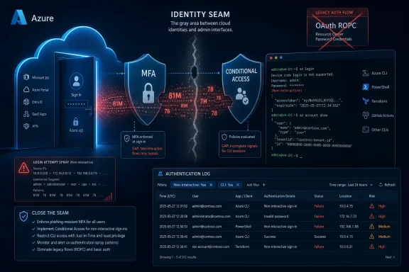 Azure authentication security diagram showing MFA, conditional access, and failed sign-in logs against non-interactive attacks. Azure authentication security diagram showing MFA, conditional access, and failed sign-in logs against non-interactive attacks.
