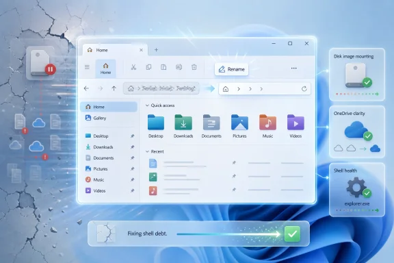 Illustration of a Windows File Explorer interface with disk image mounting and cloud sync checks.
