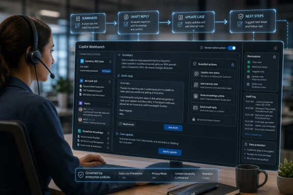 Woman at a computer uses a Copilot-style dashboard to draft and update a customer support case. Woman at a computer uses a Copilot-style dashboard to draft and update a customer support case.