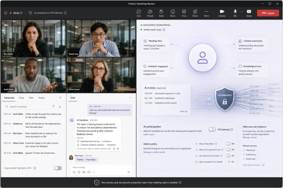 Video conference screen with AI governance/monitoring dashboard and participant chat for product roadmap review. Video conference screen with AI governance/monitoring dashboard and participant chat for product roadmap review.
