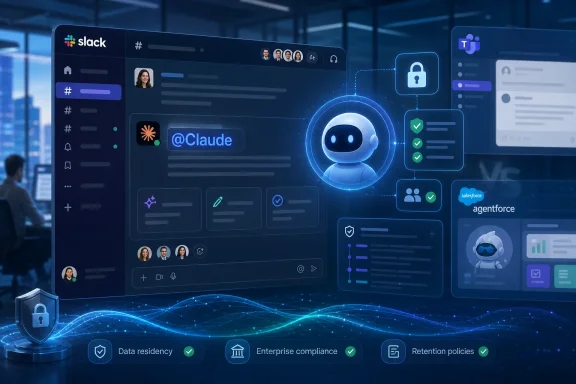 Futuristic office UI shows a glowing AI assistant linked to Slack and security compliance icons. Futuristic office UI shows a glowing AI assistant linked to Slack and security compliance icons.