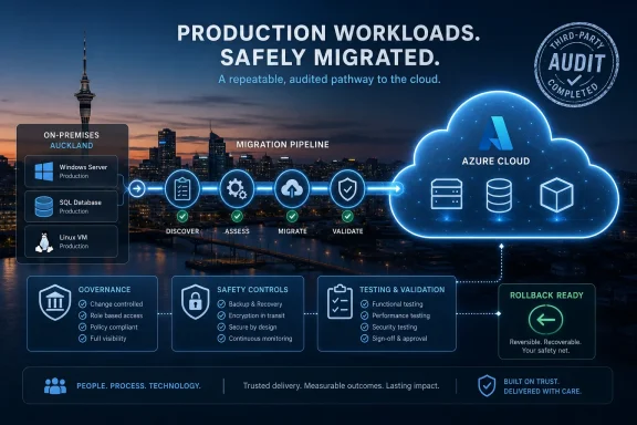 Azure cloud migration infographic shows an audited pipeline from on-premises to the cloud with rollback ready. Azure cloud migration infographic shows an audited pipeline from on-premises to the cloud with rollback ready.