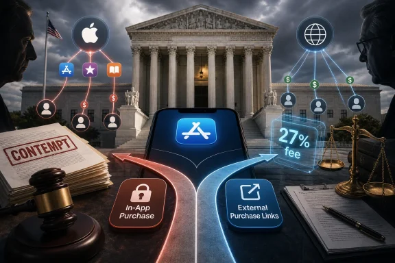 Tech icons and phone screens flank the U.S. Supreme Court in a fee and in-app purchase promotion image. Tech icons and phone screens flank the U.S. Supreme Court in a fee and in-app purchase promotion image.