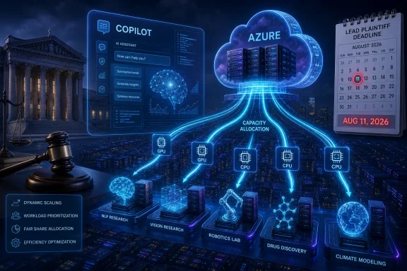Futuristic Azure cloud AI dashboard shows GPU/CPU capacity allocation with legal deadline and technology icons.