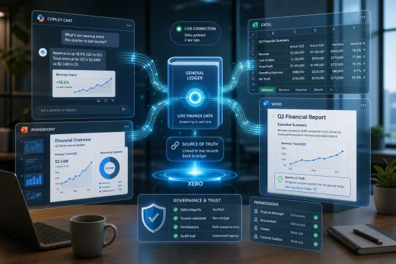 Futuristic dashboard overlays show live financial reports, ledger data, and trust governance across apps.
