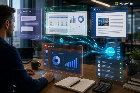 Office worker using holographic Microsoft 365 apps (Excel, Word, PowerPoint) with security lock and data visuals.