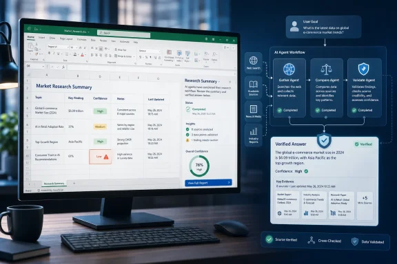 Office desk with a monitor showing market research data and an AI-validated workflow summary.