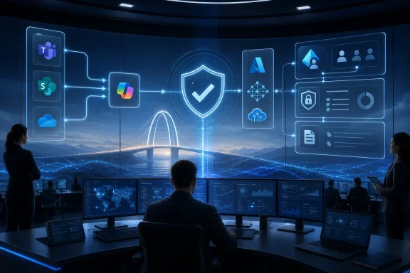 Tech control room with analysts reviewing secure cloud and AI pipeline icons over a glowing bridge network map. Tech control room with analysts reviewing secure cloud and AI pipeline icons over a glowing bridge network map.