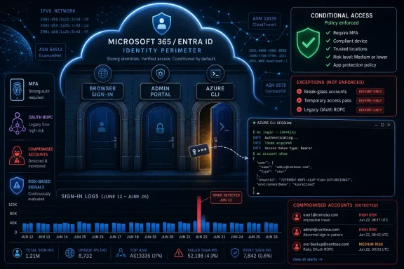 Microsoft 365/Entra ID identity perimeter diagram showing conditional access, MFA compliance, and sign-in risk alerts. Microsoft 365/Entra ID identity perimeter diagram showing conditional access, MFA compliance, and sign-in risk alerts.