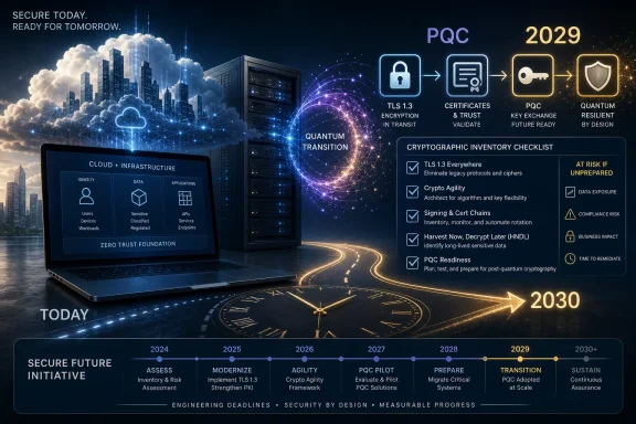 Futuristic cybersecurity roadmap shows secure cloud, zero trust, and quantum transition toward 2030. Futuristic cybersecurity roadmap shows secure cloud, zero trust, and quantum transition toward 2030.