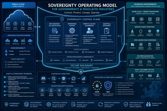Infographic of a “Sovereignty Operating Model” showing secure cloud governance, compliance, and regional controls. Infographic of a “Sovereignty Operating Model” showing secure cloud governance, compliance, and regional controls.