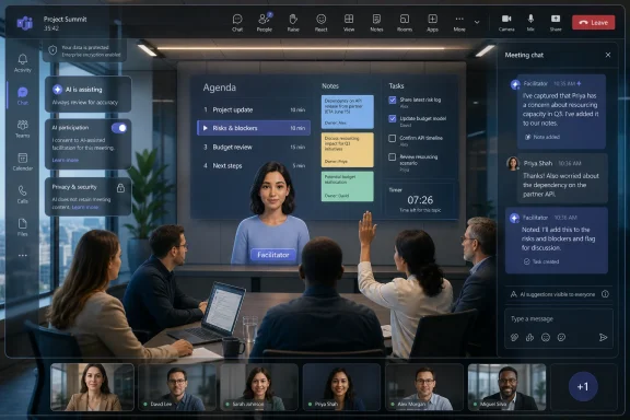 Virtual meeting dashboard shows a facilitator presenting agenda and tasks to a group in a video call.