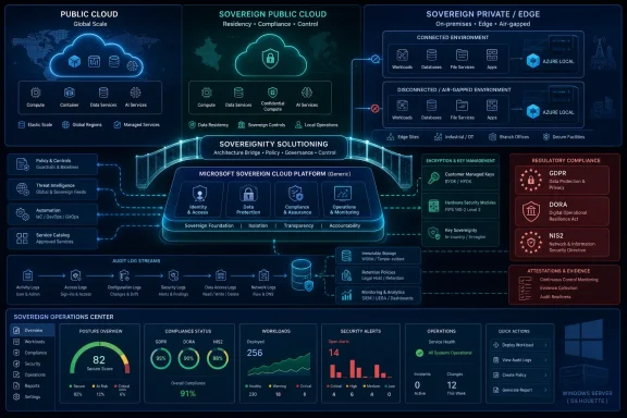 Infographic showing Microsoft sovereign cloud architecture with public/sovereign/air-gapped edge and compliance dashboards. Infographic showing Microsoft sovereign cloud architecture with public/sovereign/air-gapped edge and compliance dashboards.