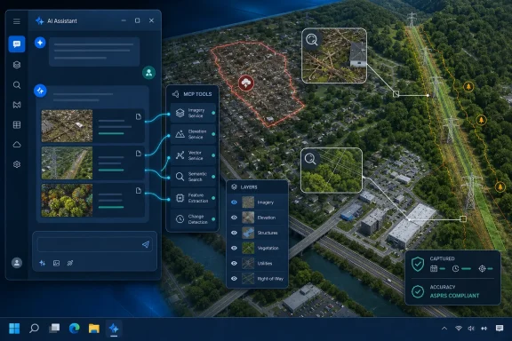 Aerial map of a town with transmission towers, overlaid by AI-assisted tools, layers, and accuracy indicators. Aerial map of a town with transmission towers, overlaid by AI-assisted tools, layers, and accuracy indicators.
