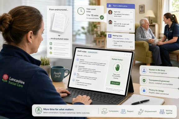Care worker reviews AI-generated draft notes on a laptop while collaborating with colleagues via on-screen cards. Care worker reviews AI-generated draft notes on a laptop while collaborating with colleagues via on-screen cards.
