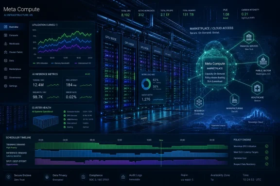 Blue data-center dashboard showing Meta Compute GPU utilization, metrics, and marketplace cloud routing.