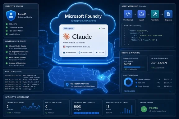 Microsoft Foundry dashboard showing Claude model inference with governance, billing, and US region analytics.