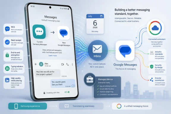 A phone display shows messaging apps while Google Messages RCS icons promote secure, interoperable communication.