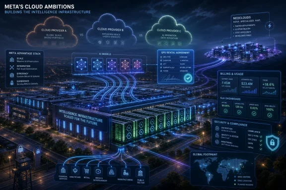 Futuristic data center infographic shows Meta’s cloud infrastructure, AI models, GPU rental, and billing/security metrics.