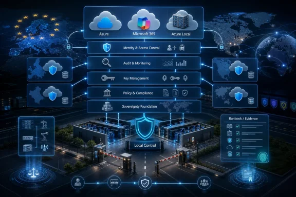 Cloud-based Microsoft security architecture diagram showing identity, monitoring, key management, and local control.