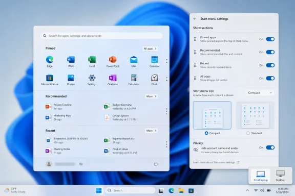 Windows Start menu settings screen shown beside a pinned apps grid on a blue desktop background. Windows Start menu settings screen shown beside a pinned apps grid on a blue desktop background.