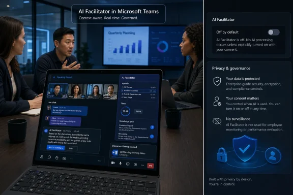 Team meeting in Microsoft Teams with an AI Facilitator dashboard showing privacy and consent controls. Team meeting in Microsoft Teams with an AI Facilitator dashboard showing privacy and consent controls.