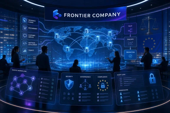 Business team presents a futuristic global IT dashboard for “Frontier Company” with security, audit, and compliance panels. Business team presents a futuristic global IT dashboard for “Frontier Company” with security, audit, and compliance panels.