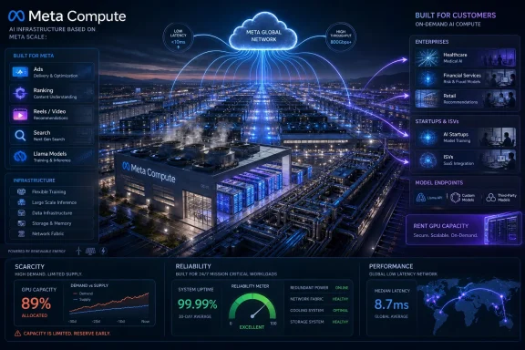 Futuristic data center at dusk with “Meta Compute” UI panels showcasing AI infrastructure metrics and services. Futuristic data center at dusk with “Meta Compute” UI panels showcasing AI infrastructure metrics and services.