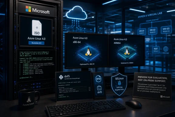 Microsoft Azure Linux 4.0 server setup with x86-64 and ARM64 displays in a data center.