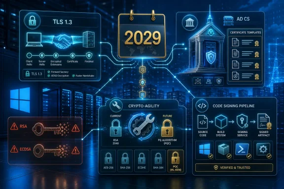 Digital security dashboard illustration showing TLS 1.3, certificates, encryption, crypto-agility, and code signing.