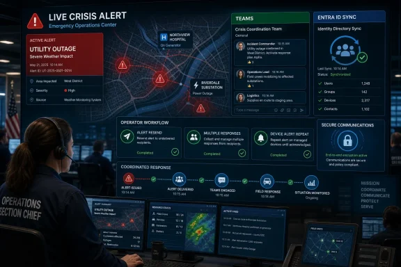Crisis operations dashboard shows a live utility outage alert with team coordination and status updates. Crisis operations dashboard shows a live utility outage alert with team coordination and status updates.