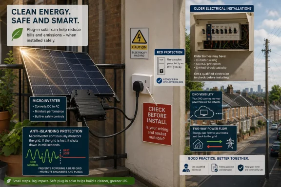 Promotional poster on a house wall promoting safe plug-in solar with microinverter and RCD electrical protection.