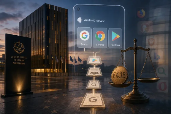 Courthouse exterior with an Android setup mockup, showing app icons and a justice-themed scale.