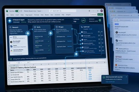 Laptop screen shows an AI research agent verifying global EV battery market data in a spreadsheet.