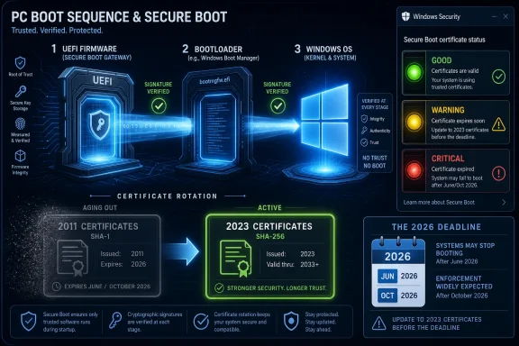 Diagram showing PC secure boot verification from UEFI to Windows OS with 2023 certificate rotation and 2026 deadline warnings. Diagram showing PC secure boot verification from UEFI to Windows OS with 2023 certificate rotation and 2026 deadline warnings.
