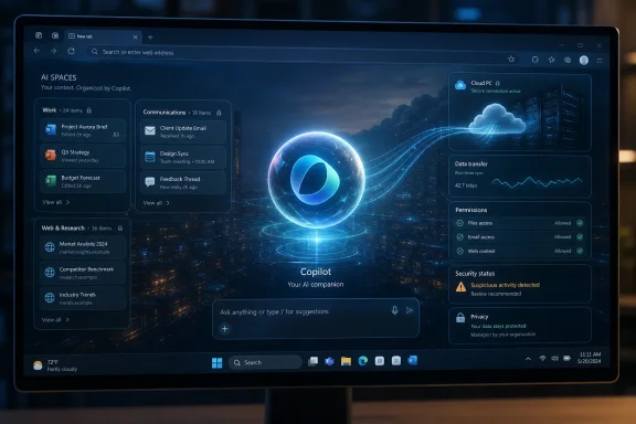 Monitor display showing Microsoft Copilot AI dashboard with secure cloud connection and data transfer status.