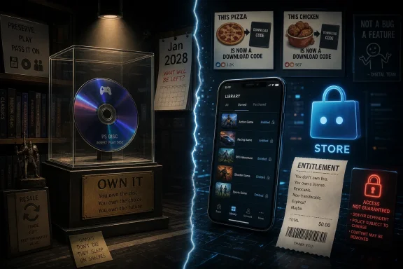 Digital game store display with PS disc “own it” box, phone library, and entitlement/access notices. Digital game store display with PS disc “own it” box, phone library, and entitlement/access notices.