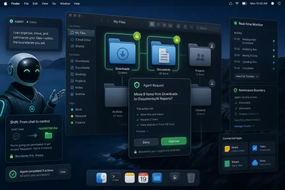 Mac Finder-style UI showing an AI “agent request” to move downloads into documents with permissions boundaries. Mac Finder-style UI showing an AI “agent request” to move downloads into documents with permissions boundaries.