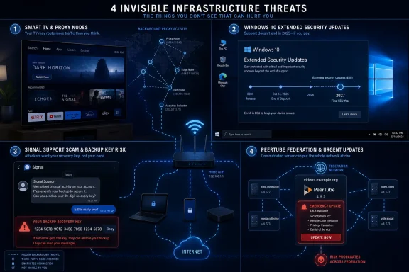 Infographic warning of invisible security threats: TV proxy nodes, Windows 10 ESU, Signal scam keys, and Peertube risks. Infographic warning of invisible security threats: TV proxy nodes, Windows 10 ESU, Signal scam keys, and Peertube risks.