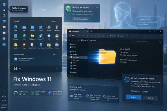 Mockup of Windows 11 interface with updates check, documents folder, and recovery tools on a desktop screen. Mockup of Windows 11 interface with updates check, documents folder, and recovery tools on a desktop screen.