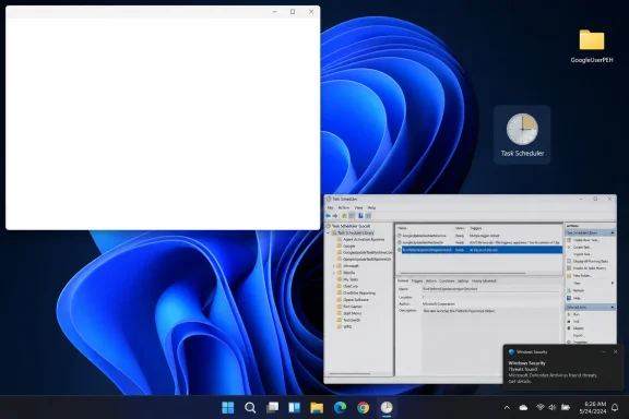 Windows 11 desktop with blue swirls open and Task Scheduler running, plus a Windows Security notification. Windows 11 desktop with blue swirls open and Task Scheduler running, plus a Windows Security notification.